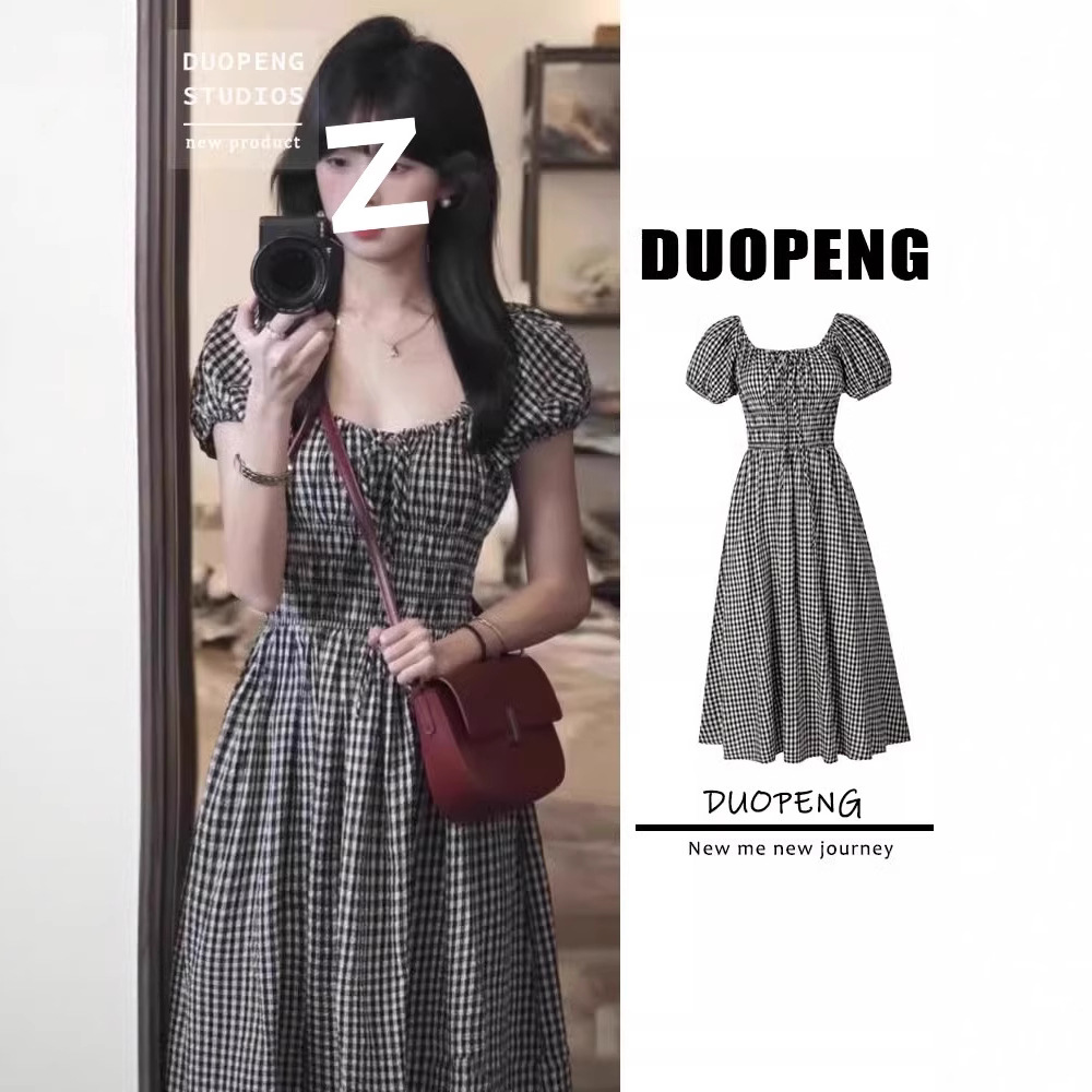 오리지널 스타일, 앞뒤 격자무늬 허리 슬리밍 드레스, 여름 휴가 패션 해변 비치 드레스