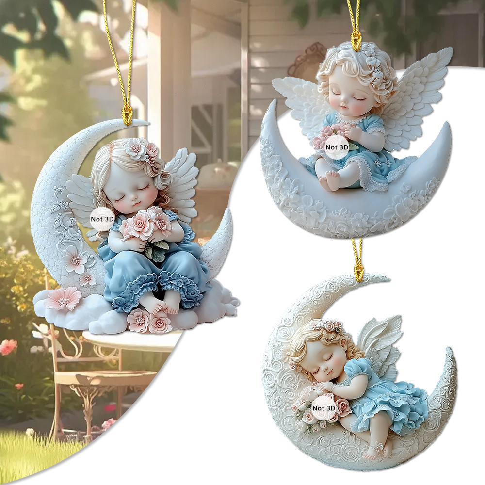Cross-border winged moon angel baby 2D flat acrylic keychain car rearview mirror backpack accessories