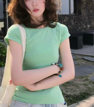 ミントグリーンショルダー半袖Tシャツ女性用2025新しいラウンドネックスリム夏ドーパミン着用ホットガールBMトップ|undefined