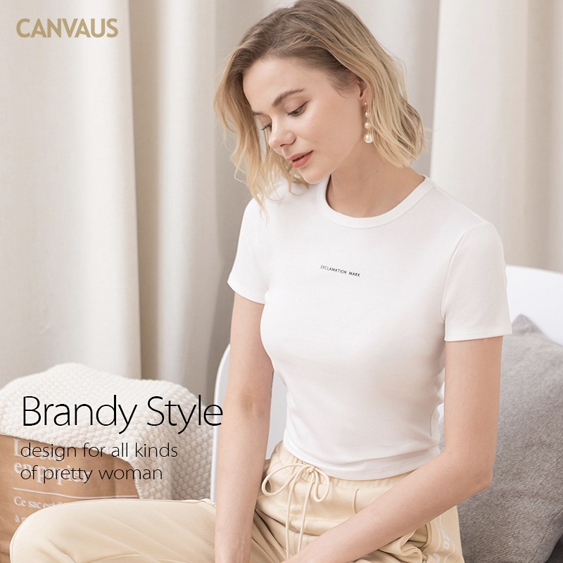 CANVAUS primavera nueva Camiseta corta de mujer simple impreso cuello redondo slim fit Top camiseta