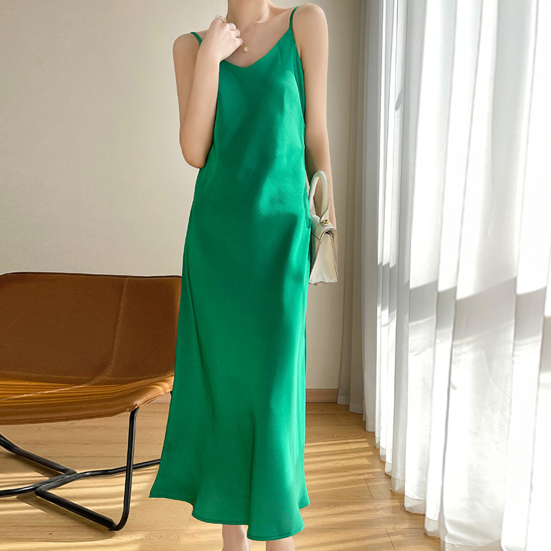 Matching Small Suit Jacket Suspender Dress Women's Slimming Look Waist Acetate Satin Silk Summer Long Skirt