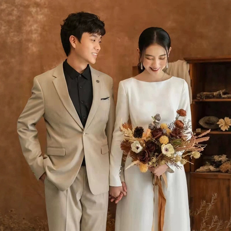 Cross-Border French-Style Light Wedding Dress, Forest-Style Long-Sleeve Elegant Slim-Fit New White Satin Welcome Evening Gown Wholesale Cross-Border French-Style Light Wedding Dress, Forest-Style Long-Sleeve Elegant Slim-Fit New White Satin Welcome Evening Gown Wholesale