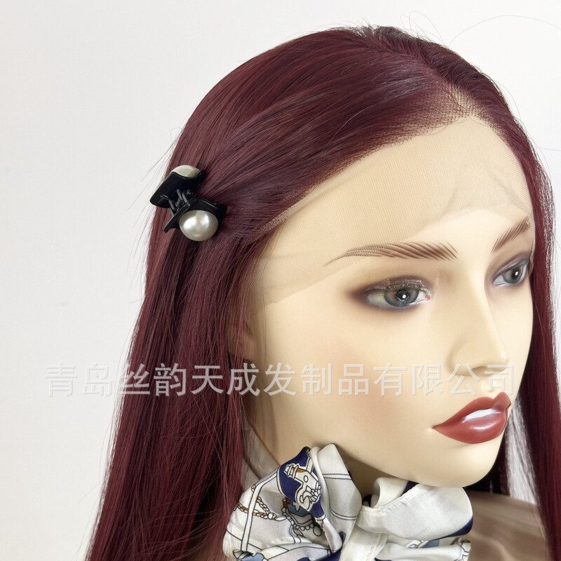 欧美假发酒红色长直发哑光高温丝全头发套wig外贸手钩前蕾丝头套|undefined