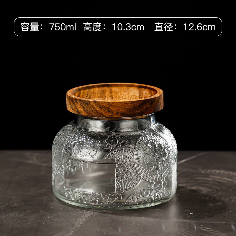 Hogar vintage Begonia flor realzada snack caramelo almacenamiento tarro bambú cubierta americana cocina transparente vidrio sellado frasco
