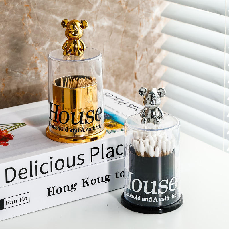 Caja de palillo de dientes de lujo ligero hogar de gama alta personalizado oso creativo titular de palillo de dientes caja de seda avanzada caja de almacenamiento de hisopo de algodón comercial