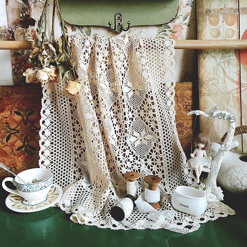 American Retro Pastoral Style Fabric Woven Handmade Lace Crochet Hexagonal Flower Tablecloth Coffee Table Cloth Bedside Table Cover Towel
