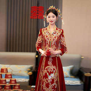 2025 New Style Xiuhe Wedding Dress for Bride, New Chinese Style Heavy Embroidered Wedding Outfit, V-Neck Toasting Dress, Xiuhe Velvet Heavy Embroidery
