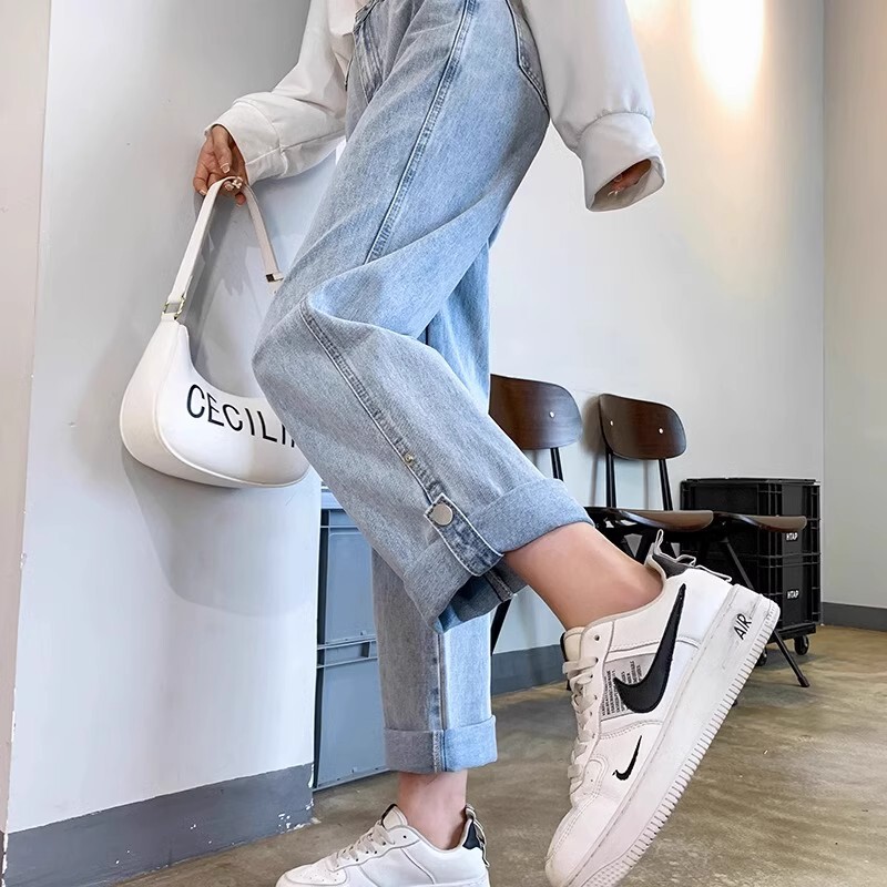 Plus Size Women's High-Waisted Slimming Straight Loose Jeans 2025 New Spring Wide-Leg Pants Trendy Ins Rolled-Up Pants