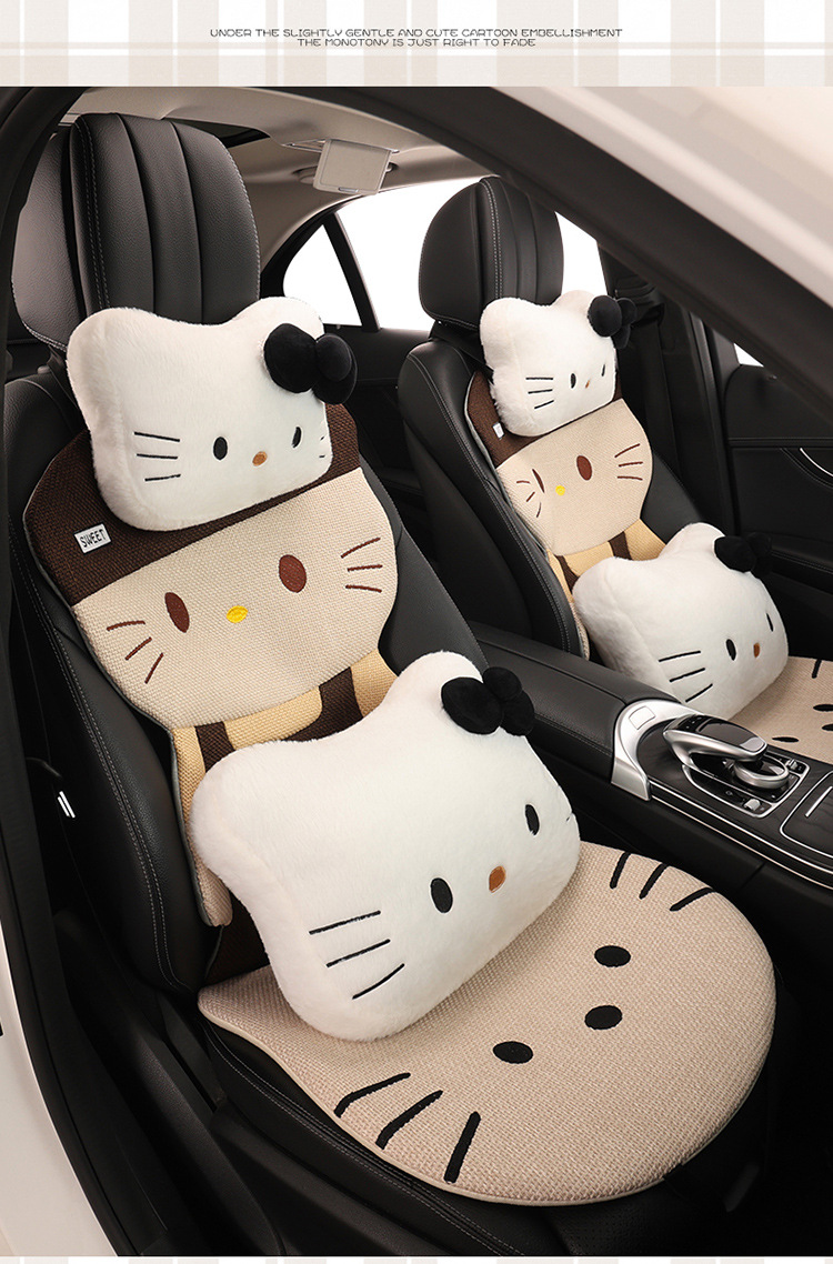 Four Seasons Linen Car Seat Cushion Cute Hat Cat Skin-Friendly Breathable Rear Seat Single Universal Seat Cushion Seven-Piece Set