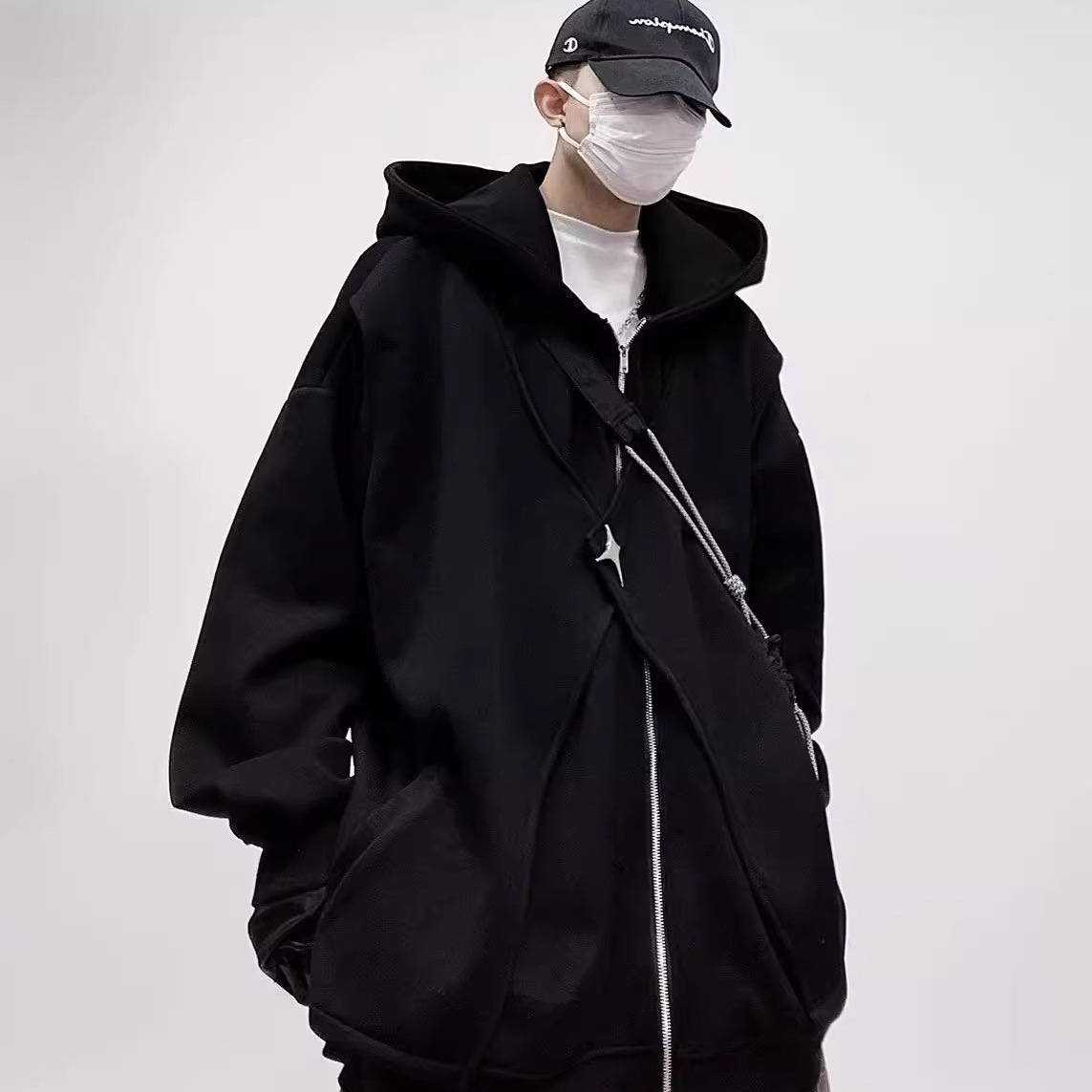 Nueva marca de moda americana suéter de rebeca con capucha ancha negra primavera y otoño para hombre chaqueta deportiva casual