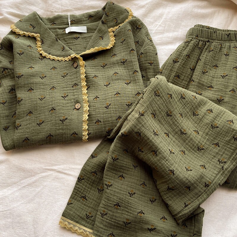 High-End Olive Green Floral Pajamas for Women, Spring and Autumn Long-Sleeved and Long-Pants Set with Lace, Suitable for Wearing Outside as Loungewear