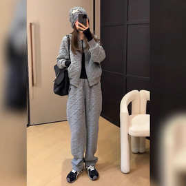 心情高级感灰色菱格绗缝加厚保暖休闲套装女冬季百搭两件套女装
