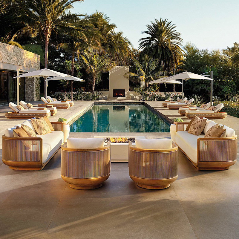 Sofá de teca al aire libre patio jardín piso aéreo vivienda impermeable anticorrosión diseñador de muebles de tela de caña al aire libre