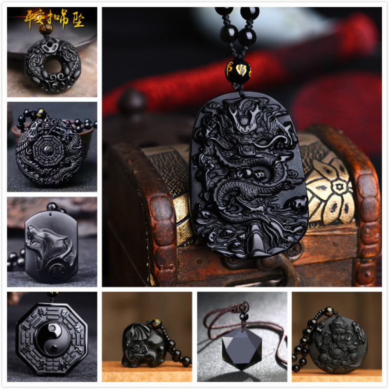 Foreign Trade Style Glass Imitation Obsidian Wolf Head Dragon Totem Phoenix Bagua Pendant Ruyi Elephant Guanyin Buddha Jewelry Necklace