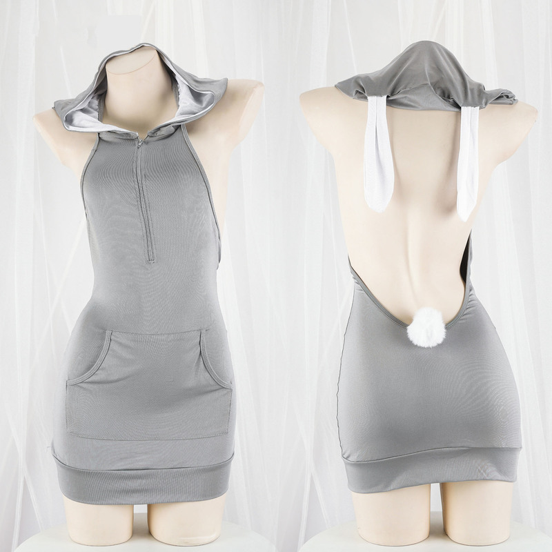 Sexy backless hooded hip skirt bunny sweater skirt women's dress pajamas anchor performance clothing T0422