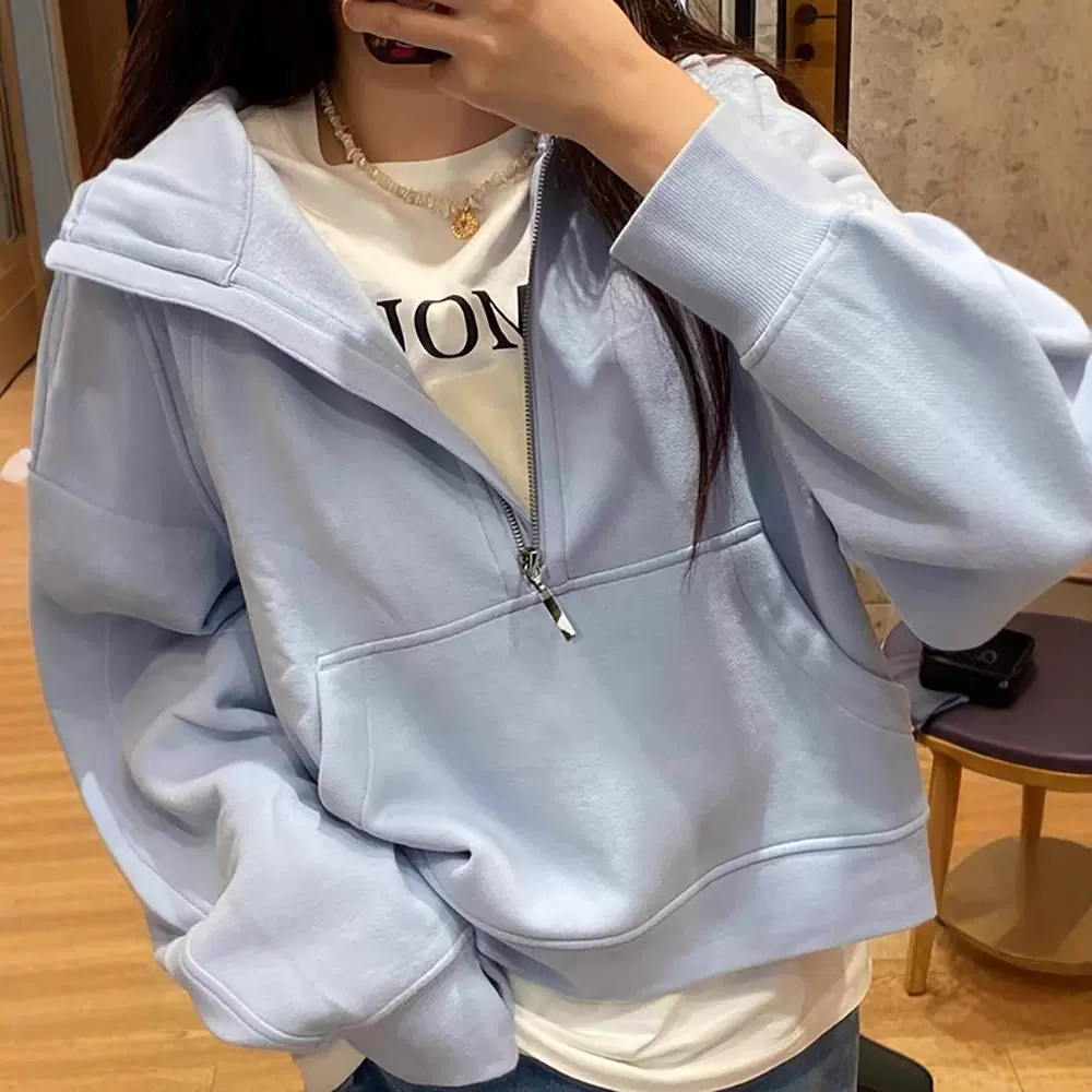 半拉链宽松连帽上衣小个子短款卫衣女2025早秋新款运动套装瑜伽服