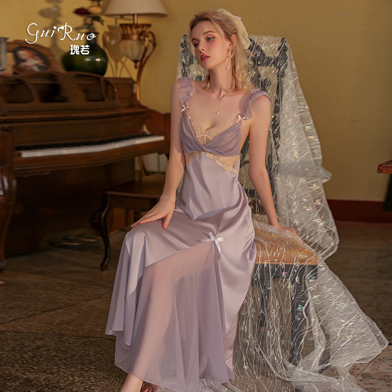 Guiruo Girl Long Comfortable Breathable Pure Desire Satin Lace Stitching Sling Nightgown Home Clothes suit S2787