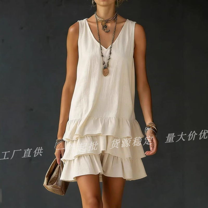 European and American Cross-Border New Style Women's V-Neck Sleeveless Ruffle Dress, Summer Loose Slimming Cake Short Dress