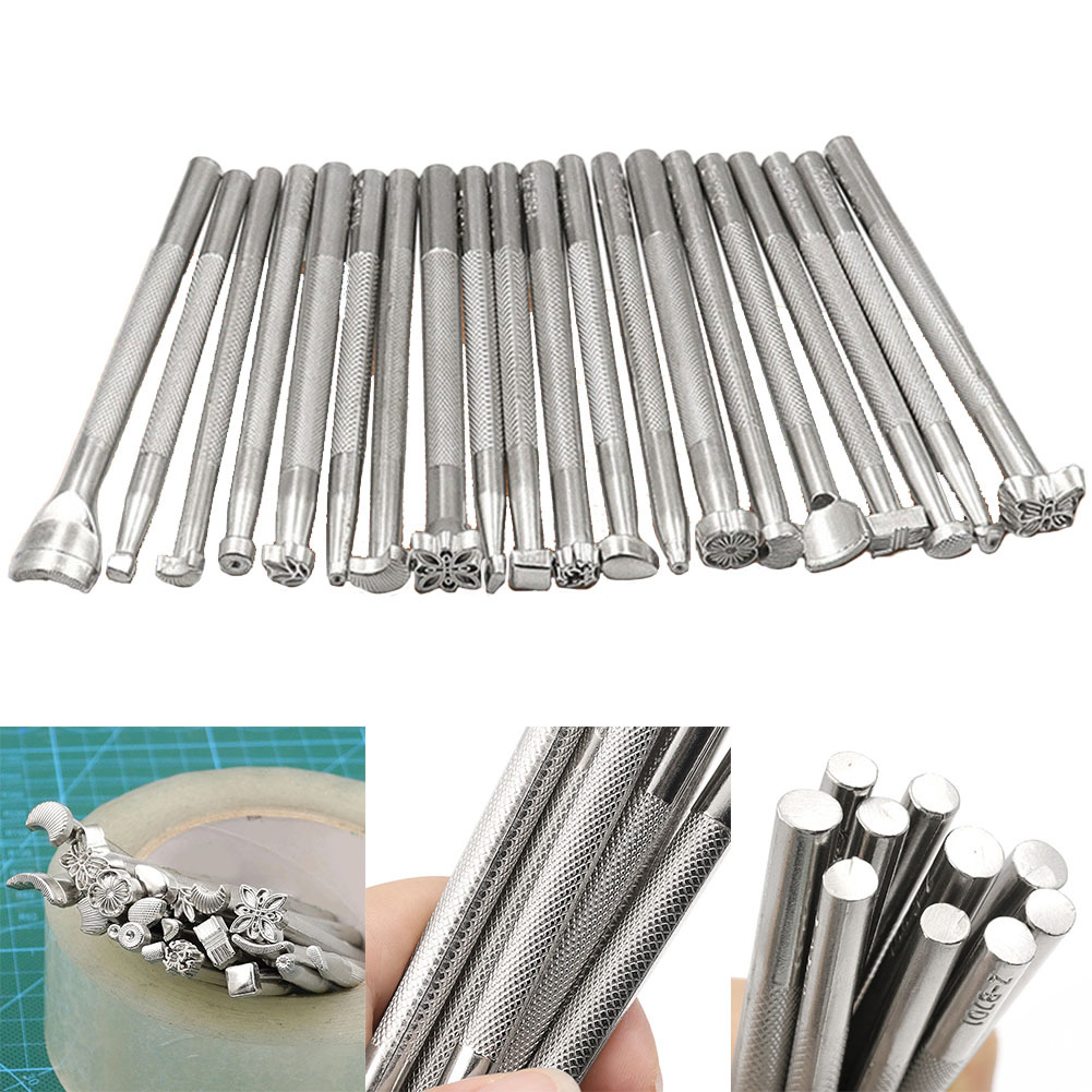 Traje de impresión de talla de cuero costura a mano producción de arte de cuero curtido vegetal Impresión de cuero punzonado herramientas de impresión de cuero conjunto de 20 piezas