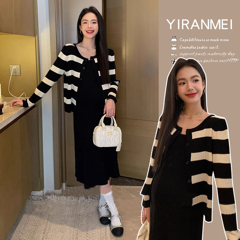Maternity Wear 2025 Spring & Fall New Internet Celebrity Fashion Stripesd Loose Slimming Look Age-Reducing Mix and Match Dress Maternity Suit