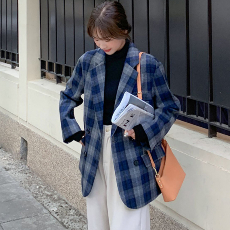 蓝色格子毛呢西装外套女2024初春新款韩版宽松春秋夹棉仿羊绒大衣