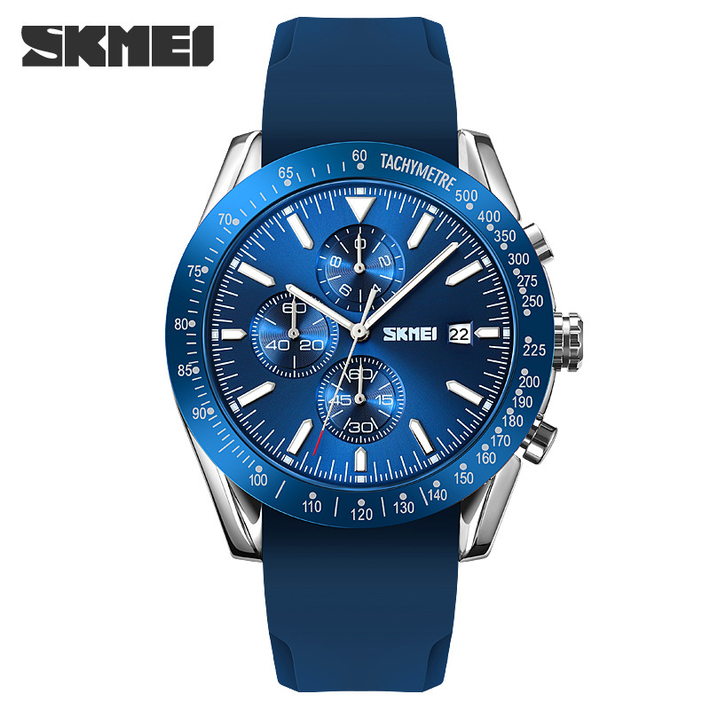 SKMEI 9253 nueva cinta de acero de seis pines calendario luminoso movimiento de cuarzo cronómetro reloj cronógrafo