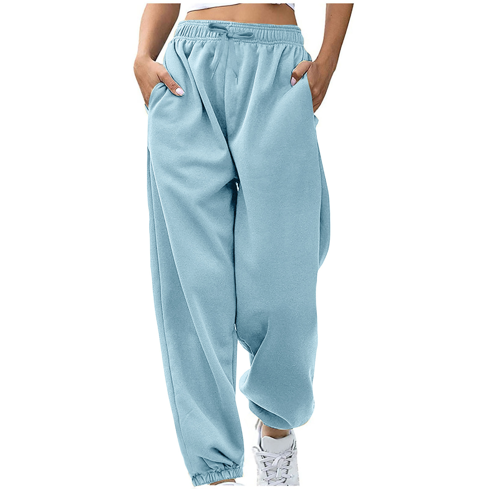 2024 Amazon Cross-border pantalones de mujer europea y americana cintura cuerda bolsillo vellón hogar ocio deportes pantalones sueltos en stock image 12