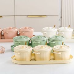 Ceramic seasoning jar high-looking cream INS style with lid Internet celebrity seasoning box set binaural stew pot seasoning