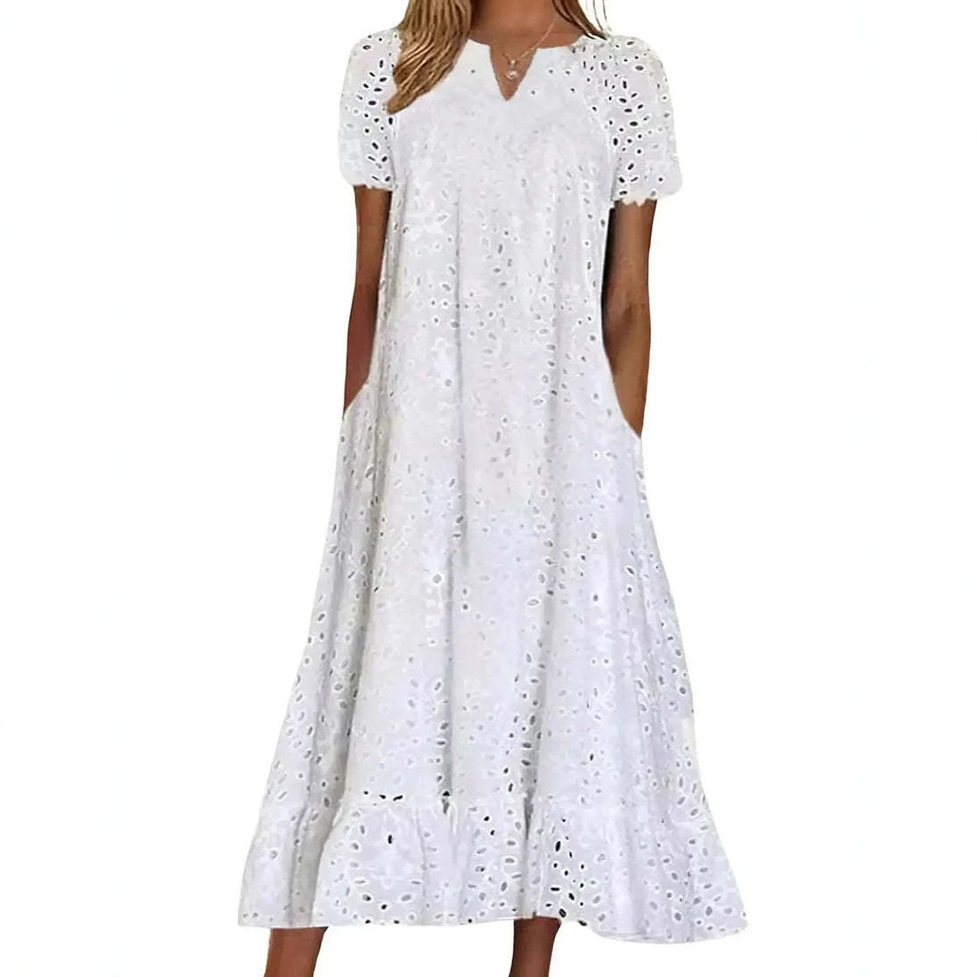 Cross-Border European and American New Style Amazon Independent Site Hot-Selling V-Neck Short-Sleeve Hollow-Out Long Women's Dress