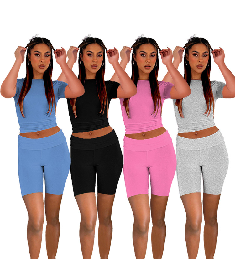 Women's Casual Short Sleeve Top + Roll-Up Shorts Set – Trendy Two-Piece Outfit (Black/Light Gray/Blue/Pink, S-Xl)_ecoleips.com