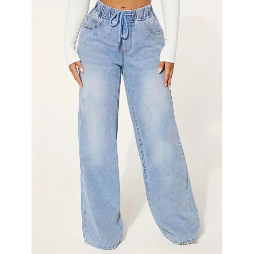 European and American 2025 women's fashion denim high-waisted slimming drawstring loose wide-leg pants