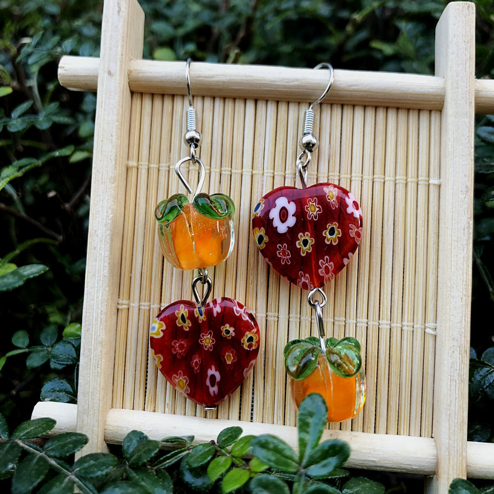 15g Weight Alloy Ear Needle Material Drop Earrings Classification 1 Pair Quantity Daily Occasion Glass, Metal Material Persimmon, Heart Shape, Flower Pattern All Seasons Season Women's Gender Polished Finish Asymmetrical Design Cute Style 1 Pair Cute Persimmon Heart Shape Flower Asymmetrical Glass Metal Drop Earrings 13