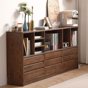All Solid Wood Multifunctional Red Oak Black Walnut Color Combination Bookcase Shelf Low Living Room Tv Wall Drawer Storage Cabinet