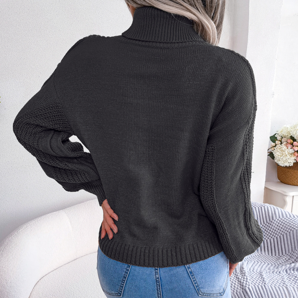 Women's High Neck Twist Knit Sweater Lantern Sleeve Pullover_voghion.com