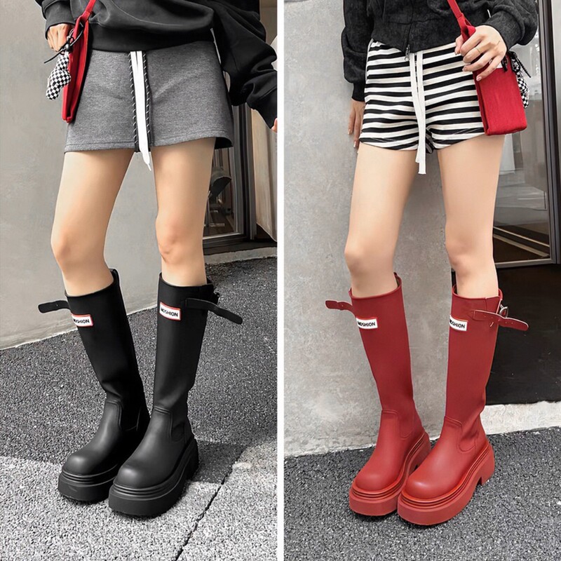 潮不南~户外红色雨靴女2025新款圆头厚底高筒骑士靴不过膝长筒靴|undefined