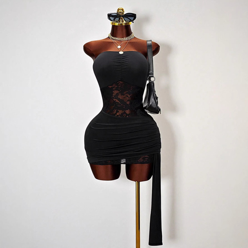 European and American Cross-Border 2026 Tube Top Sleeveless Dress for Women, Sexy Lace Patchwork Hollow-Out Slim-Fit Bodycon Dress