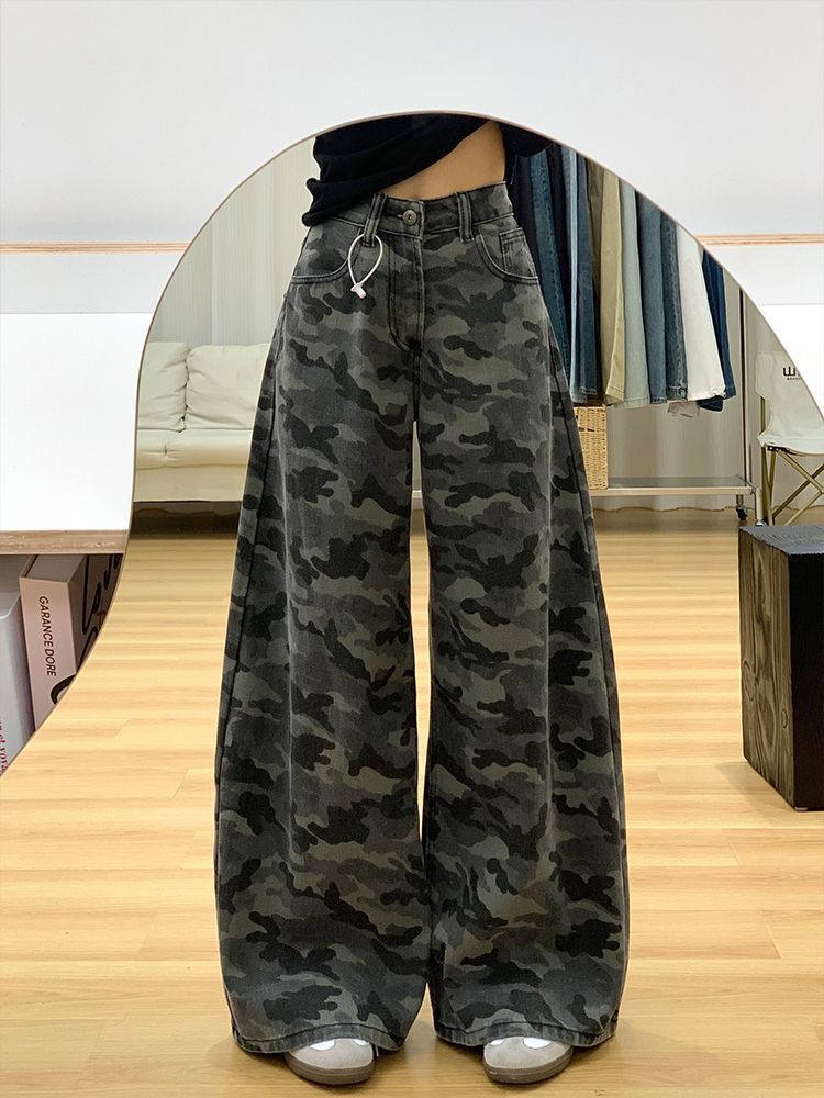 复古迷彩工装牛仔裤女夏季新款美式高街小个子高腰宽松慵懒直筒裤