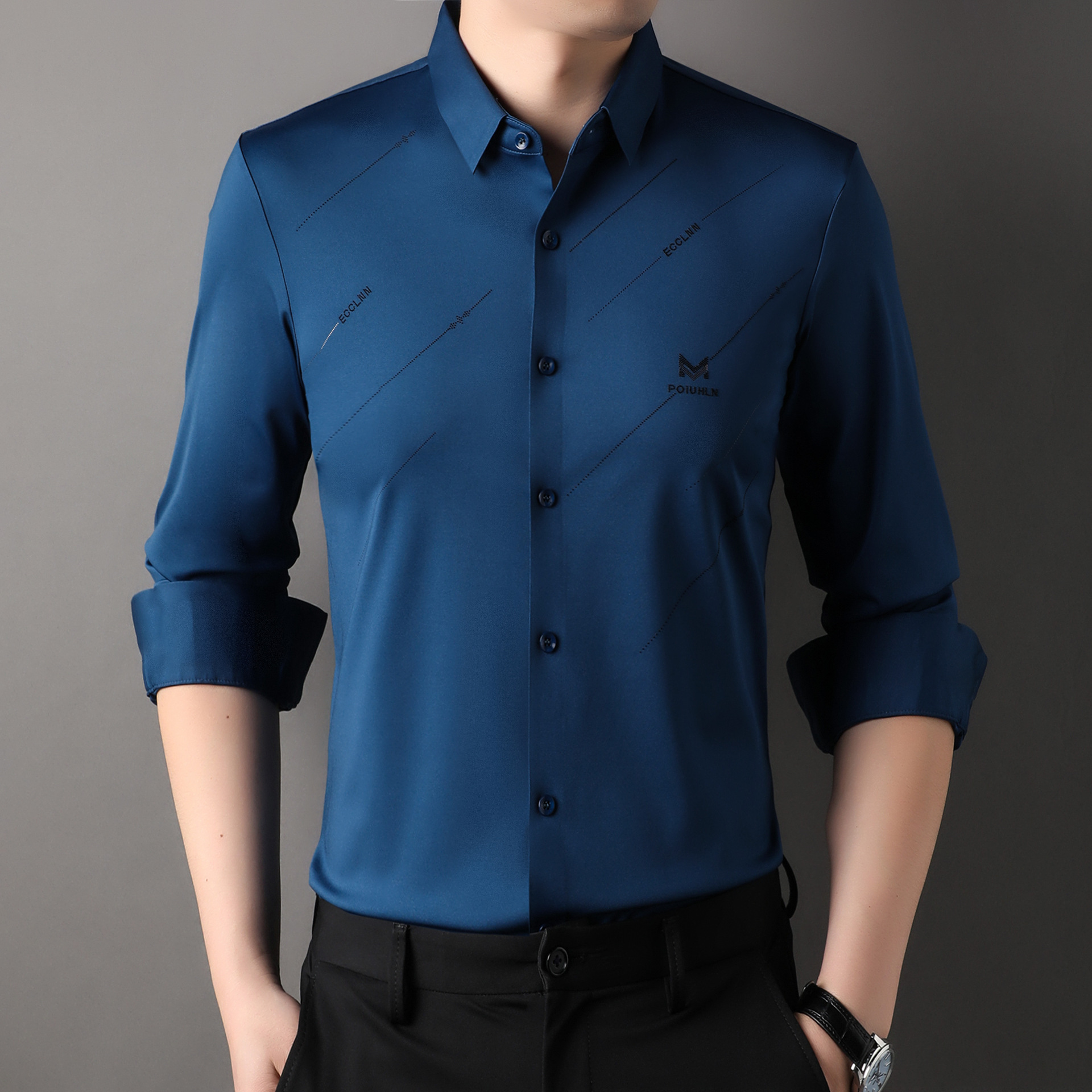 Chumeng mismo estilo camisa de hombre otoño nueva camisa de hombre negocio sin costuras casual superior antiarrugas planchado-libre transfronterizo