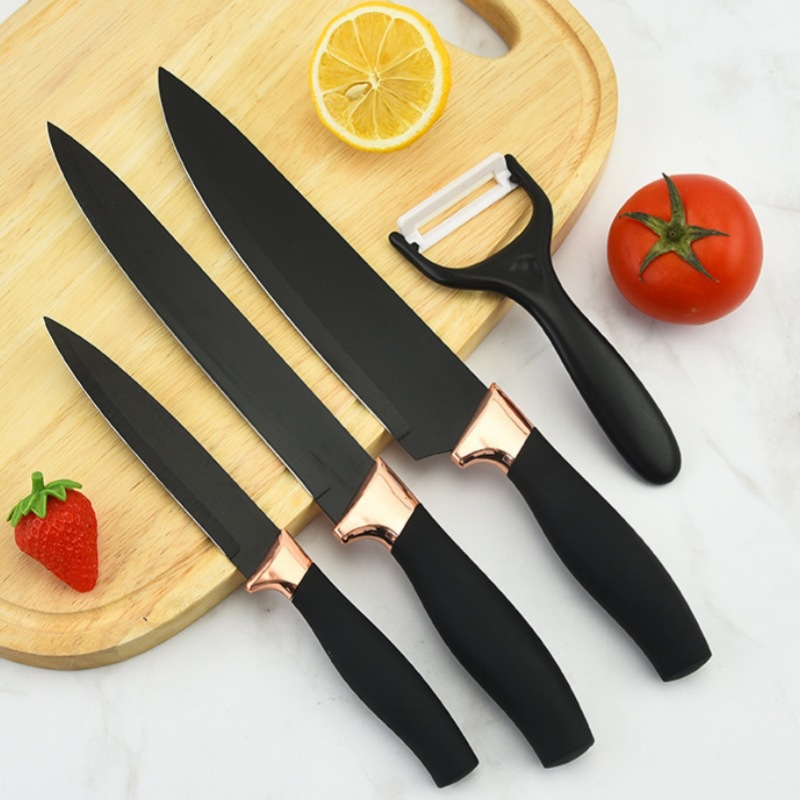 Comercio exterior en stock fábrica chapado en oro rosa cabeza grasa muñeca manejar conjunto de cuatro piezas hogar cocina cuchillo de corte vegetal caja de color