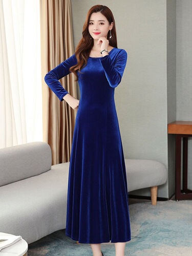 Velvet Chic Dress for Spring, Autumn, and Winter - Long Skirt Mother's Baseqiu Covering Stomach, Elegant and Thick Knee-Length