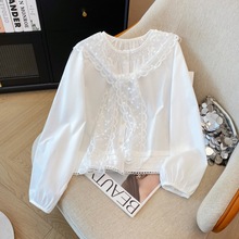 韩范小众早春新款法式圆领衬衫女小众设计感洋气百搭上衣蕾丝披肩