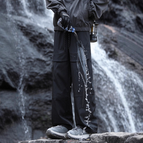 Men's Autumn/Winter Waterproof Windproof Fleece-lined Thick Straight Leg Loose Parachute Sports Casual Pants