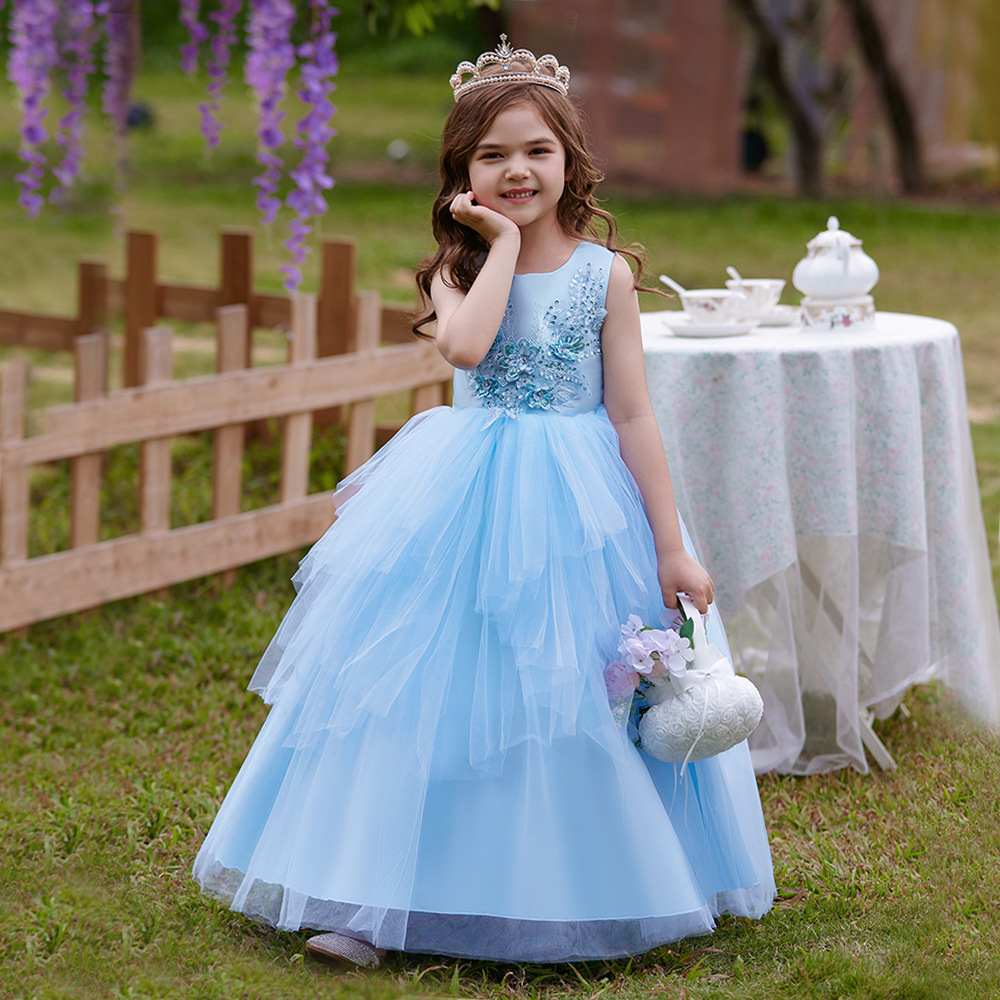 Vestido de princesa para niñas transfronterizas, vestido esponjoso de malla bordada, anfitrión de pasarela, vestido de actuación para niños del día del niño de piano