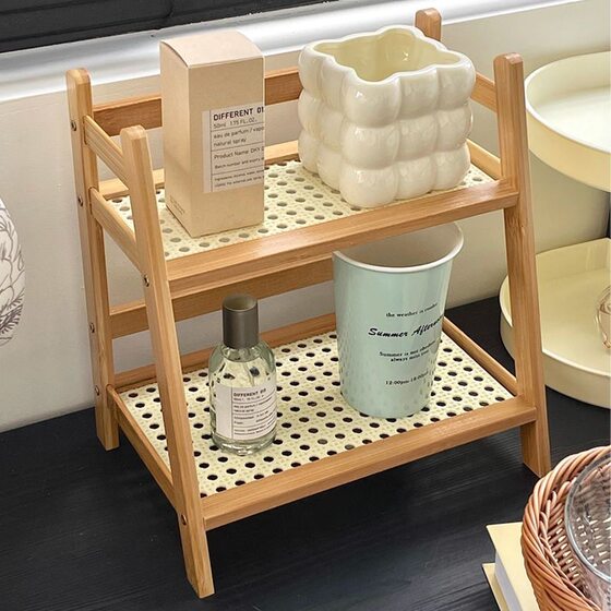 Ins Antique Rattan Cream Color Double-Layer Desktop Storage Rack Dormitory Bedroom Office Kitchen Cup Rack