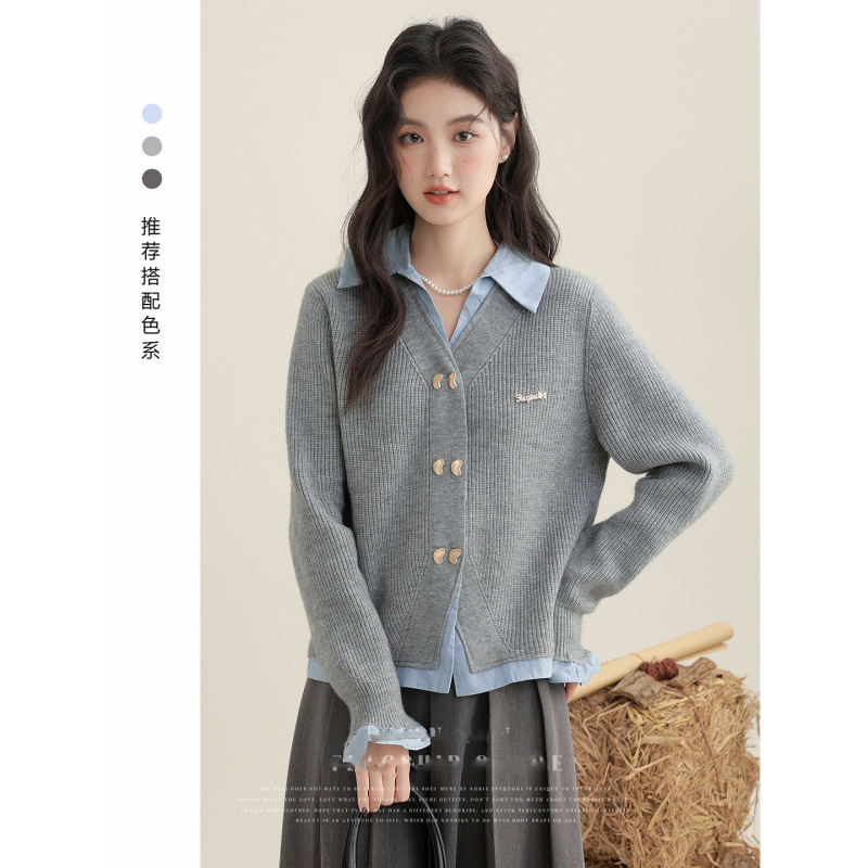 灰色假两件毛衣外套女2025春秋新款POLO领衬衫拼接针织开衫短上衣|undefined