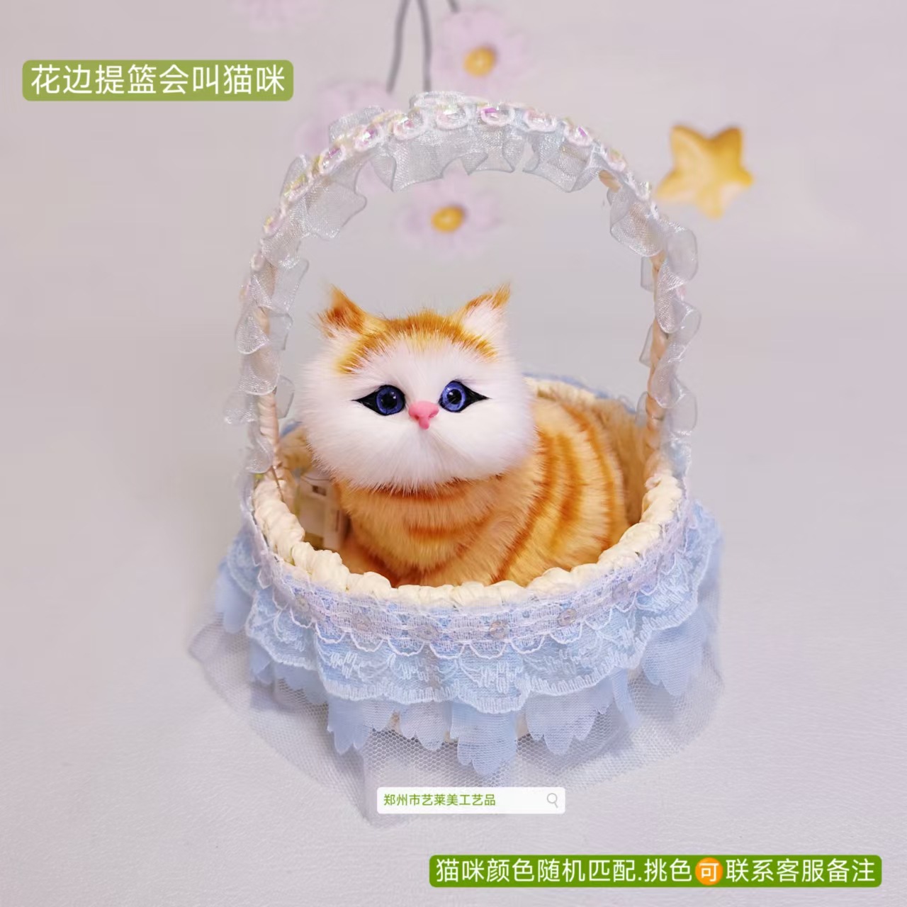 파란색 스팽글 레이스 바구니 고양이는 짖을 수 있습니다