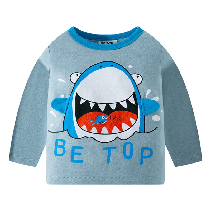 Camiseta de manga larga con cuello redondo para niños, de algodón puro, con estampado de tiburón de dibujos animados, otoño 2025, venta al por mayor.
