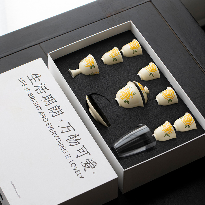 墨己万物可爱日式手绘栀黄蔷吹粉引茶具套组功夫茶具家用礼盒整套|undefined