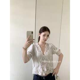 原版做法！法式小资呼吸甜美重工蕾丝V领短袖衬衫女夏季白色薄上