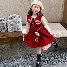 女童蝴蝶结裙套装2023冬季新款韩版加绒双领连衣裙年服裙两件套潮